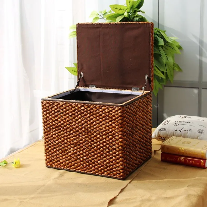Rattan Storage Bench with Lid Multifunctional Shoe Ottoman Living Room Shoe Changing Stool Hidden Compartment Toy Organizer Box