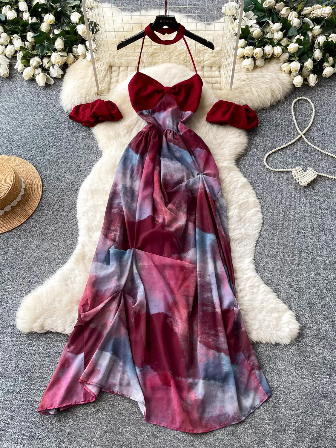Vacation Style Halter Neck Ombre Print Dress Women Summer Bow Slim Fit Slimming Temperament French Retro Women Long Dress Lady