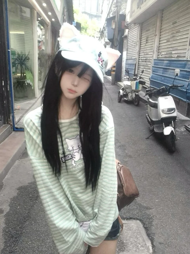 المرأة اليابانية الحلو القط التطريز شريط تي شيرت الخريف عادية فضفاض كم طويل بلايز Y2K Harajuku Kawaii موضة تيز جديد #1
