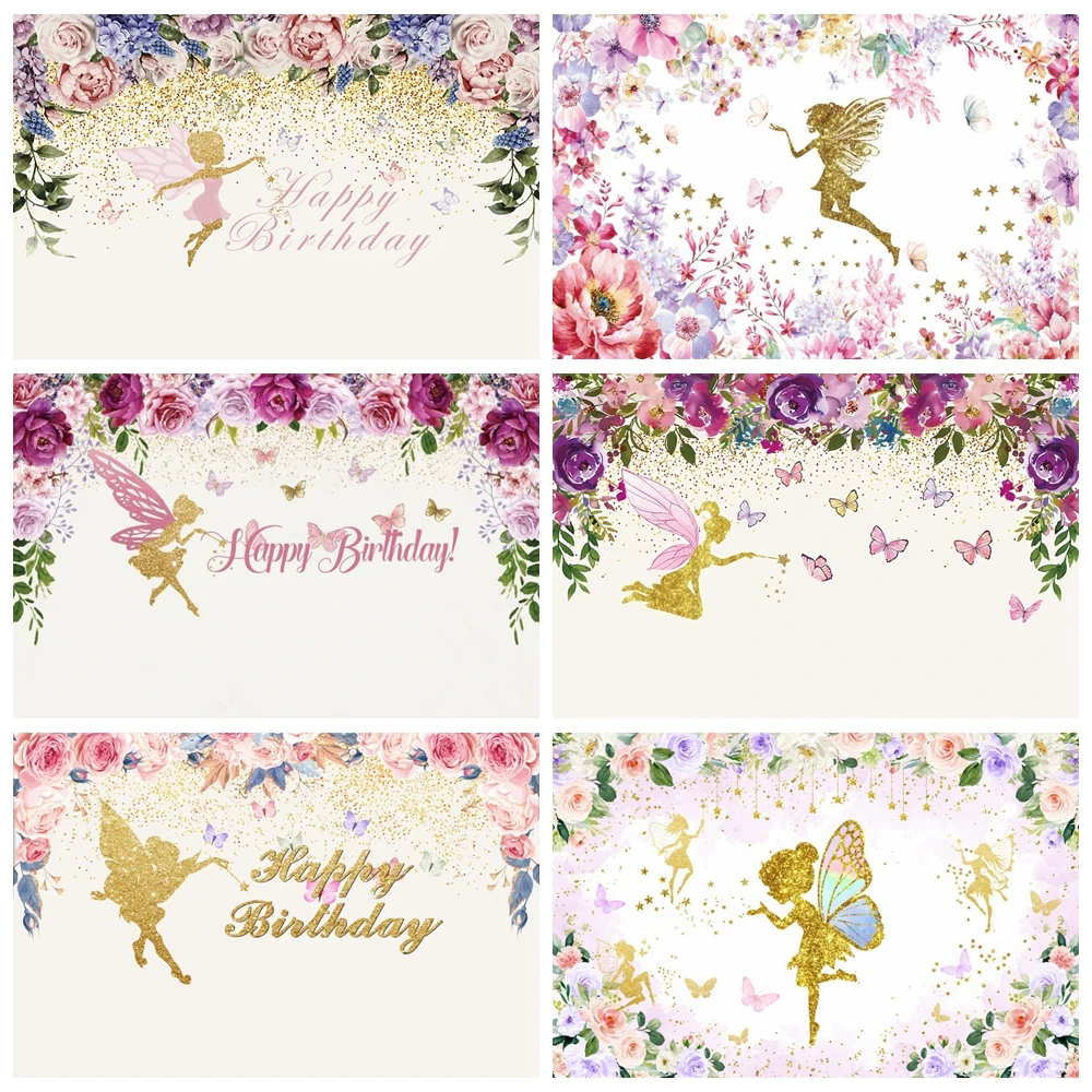 

Golden Glitter Fairy Butterfly Girls Birthday Photography Backdrop Colorful Flowers Princess Party Baby Shower Photo Background