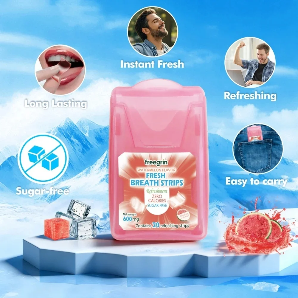FREEGRIN Cool Watermelon Fruit Flavor Pocketpaks Fresh Breath Strips Sugar-Free Dissolving Strips 20 Strips Per Pack Portable