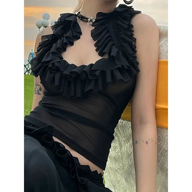 Camisetas sin mangas de verano para mujer, ajustadas, elegantes, transparentes, con volantes, cuello redondo, sin mangas, camisetas elegantes