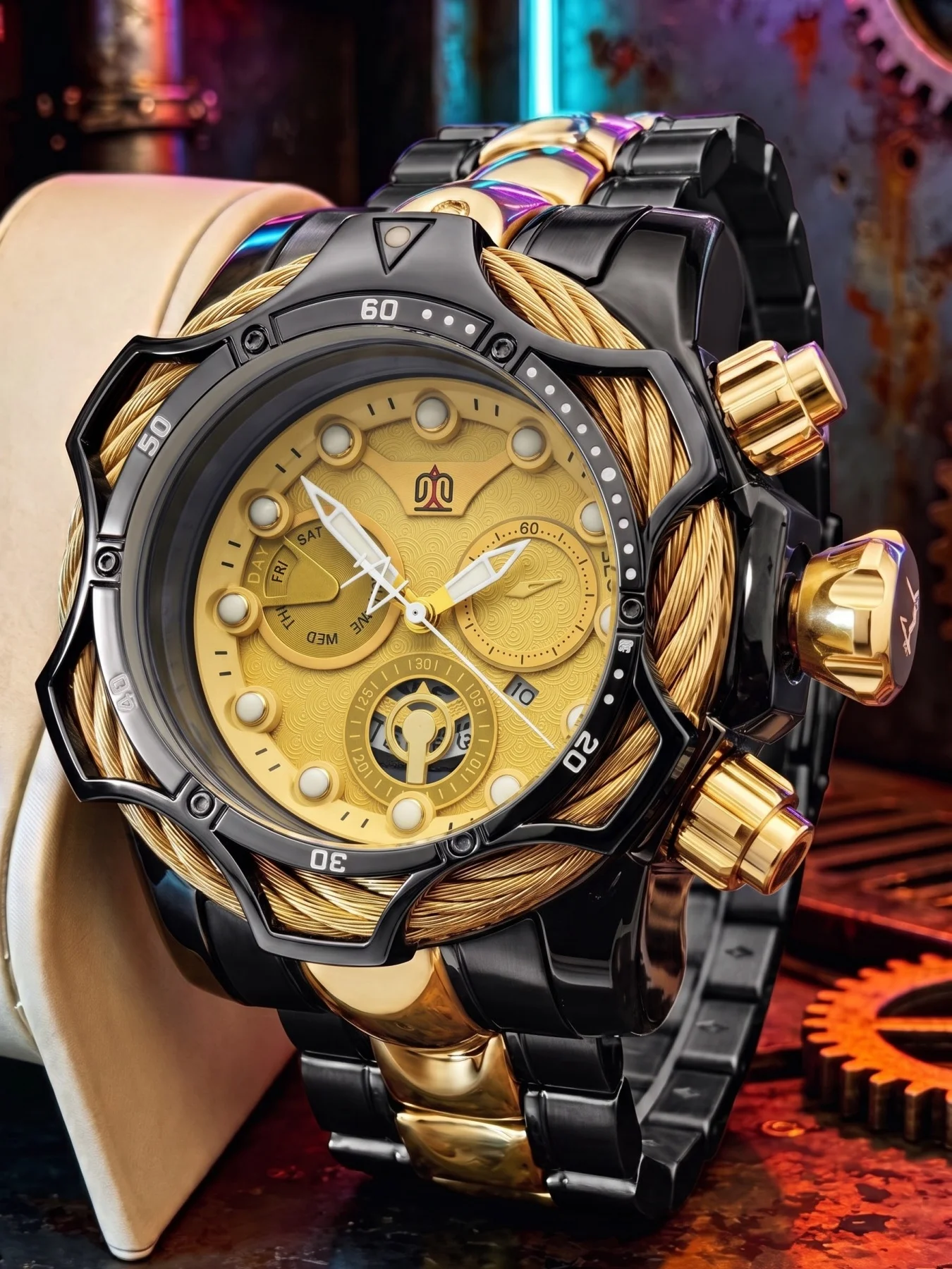 Sporty Large Dial Men's Quartz Watch with Rope-Wrapped Bezel, Calendar Function, Punk Casual Fashion Versatile Men's Watch, Stylish Cool Business Outdoor Men's Waterproof Watch