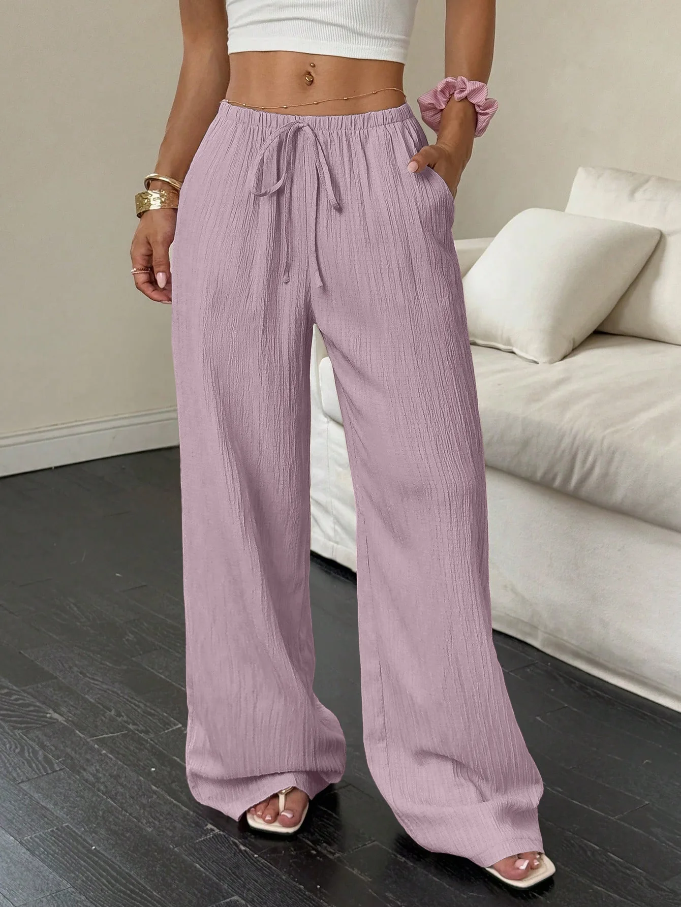 Women's Solid Color Textured Wide Leg Pants High Waist Drawstring Loose Casual Trousers Comfortable Pants For Daily Wear