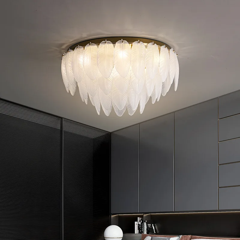 Plafonnier LED en Laiton avec Plumes de Verre Blanches au Design Moderne, Luminaire Décoratif de Luxe, Idéal pour un Salon ou une Chambre à Coucher, 138