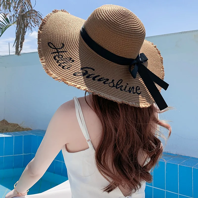 Handmade Weave Letter Sun Hats for Women Black Ribbon Lace Up Large Brim Straw Hat Outdoor Beach Hat Summer Caps