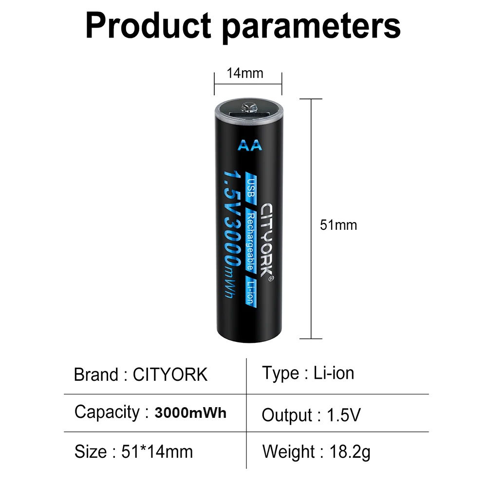 CITYORK 2-16PCS 1.5V Li-ion 2A 3000mWh Rechargeable Battery USB Charging AA Lithium Battery For Mouse Clock Player Thermometer