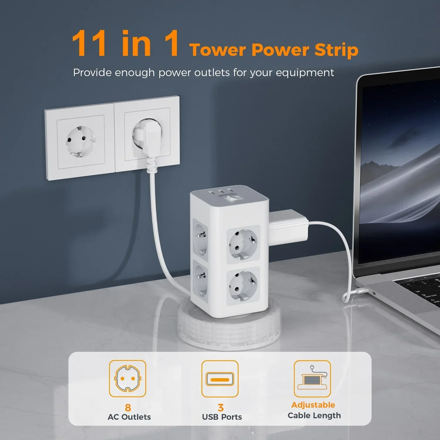 TESSAN Tower Power Strip with 2M Retractable Extension Cable Black Tower Distribution Socket for Home with Overload Protection