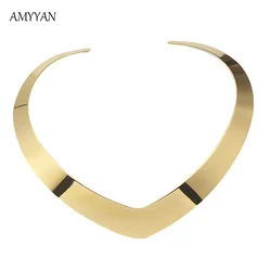 Hand-buffing Gold Color Necklace 316L Stainless Steel Statement Chunky Torques V Shape Clavicle Women Jewelry choker necklace