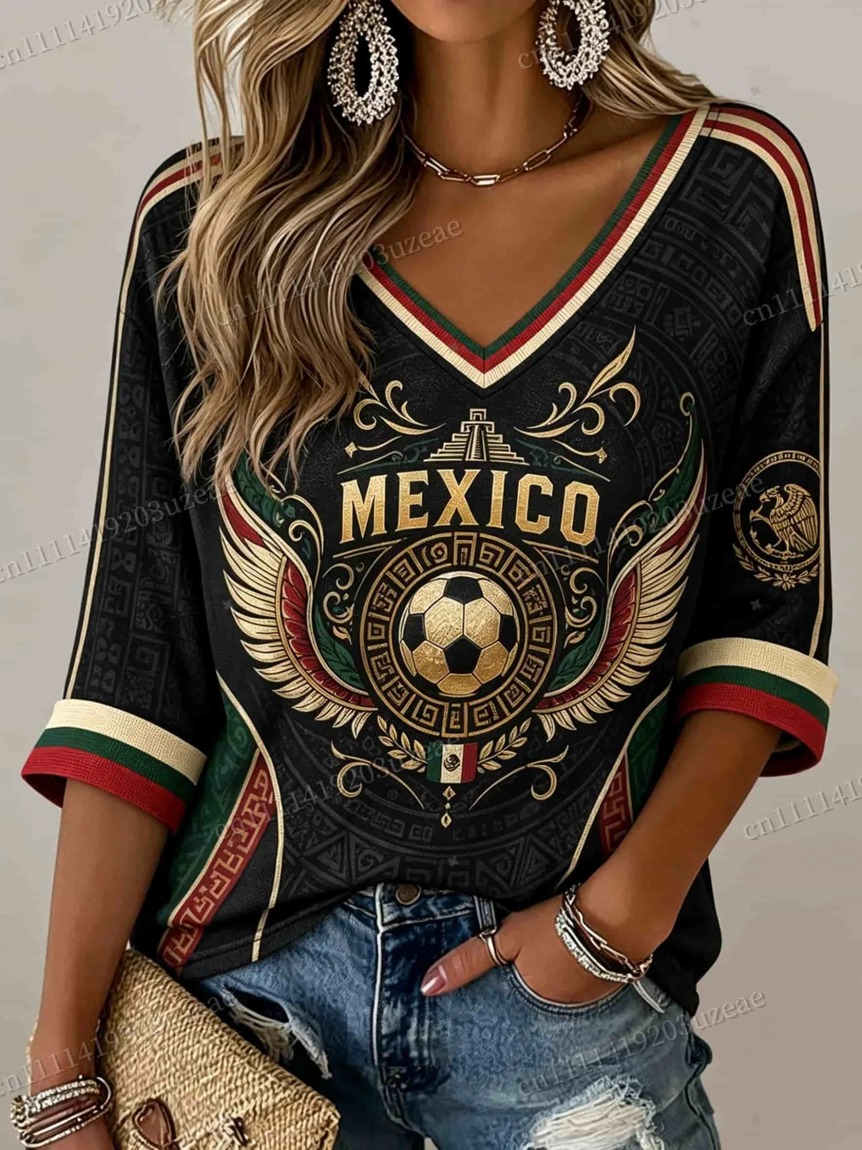2026 Mexiko Fußball V-Ausschnitt T-Shirt für Männer und Frauen, bedruckt mit Azteken-Adler-Motiv, Vintage Mexikanisches Fußballtrikot, Kulturelles T-Shirt – Detail 5