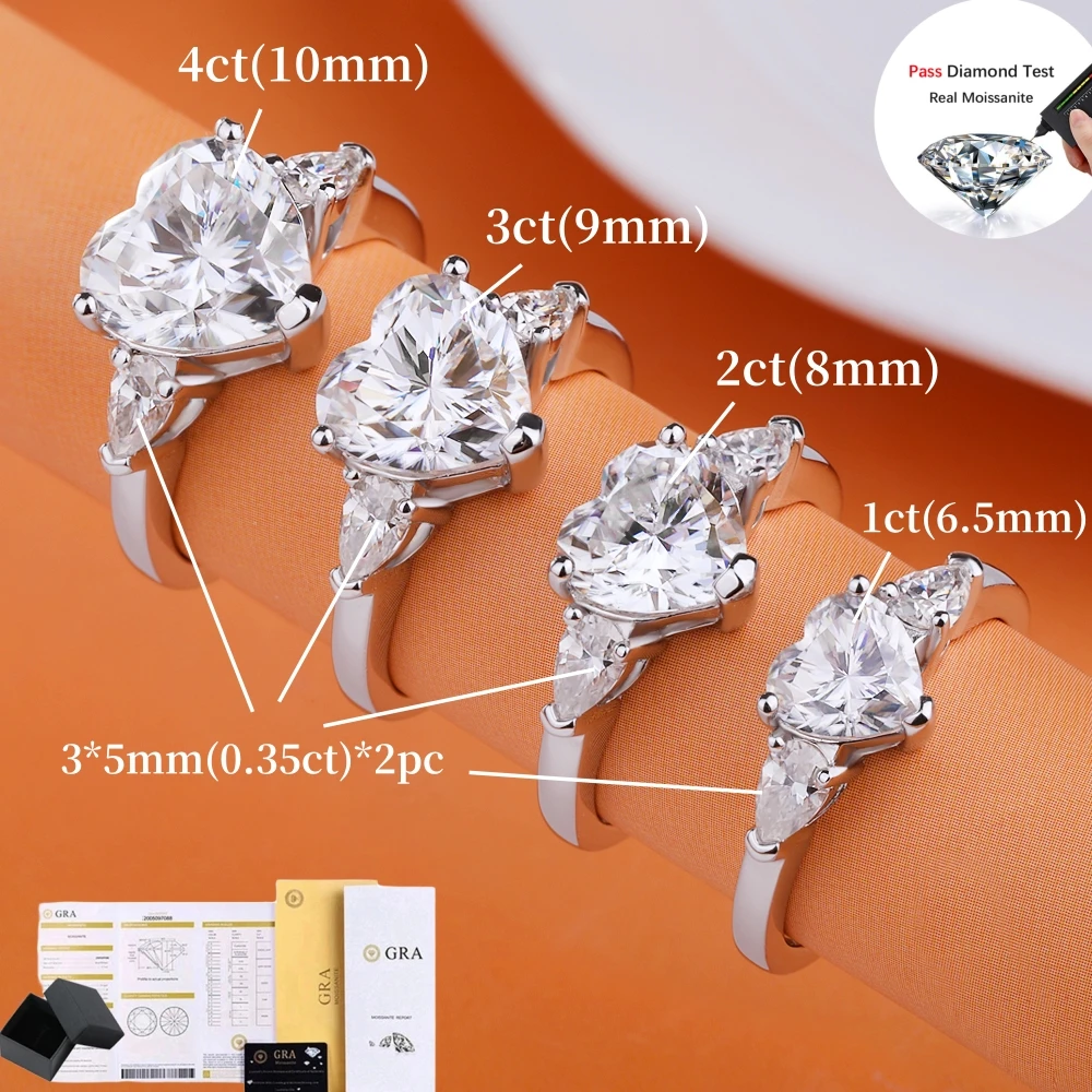 NKHOG 1/2/3/4CT Heart Shape Moissanite Rings Women S925 Silver Three Diamond Wedding Gifts Band 18K Plated Pass Test Jewelry GRA