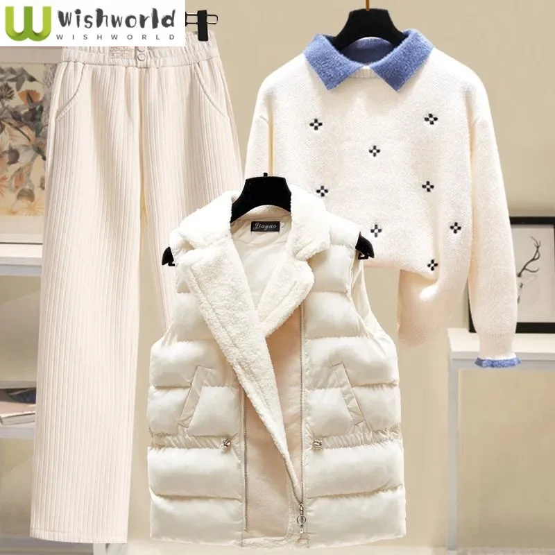 

Shirt Collar, Knitted Sweater Pullover Sweater Lamb Wool Vest Flannel Wide Leg Pants Three Piece Set Fashionable Women's Winter