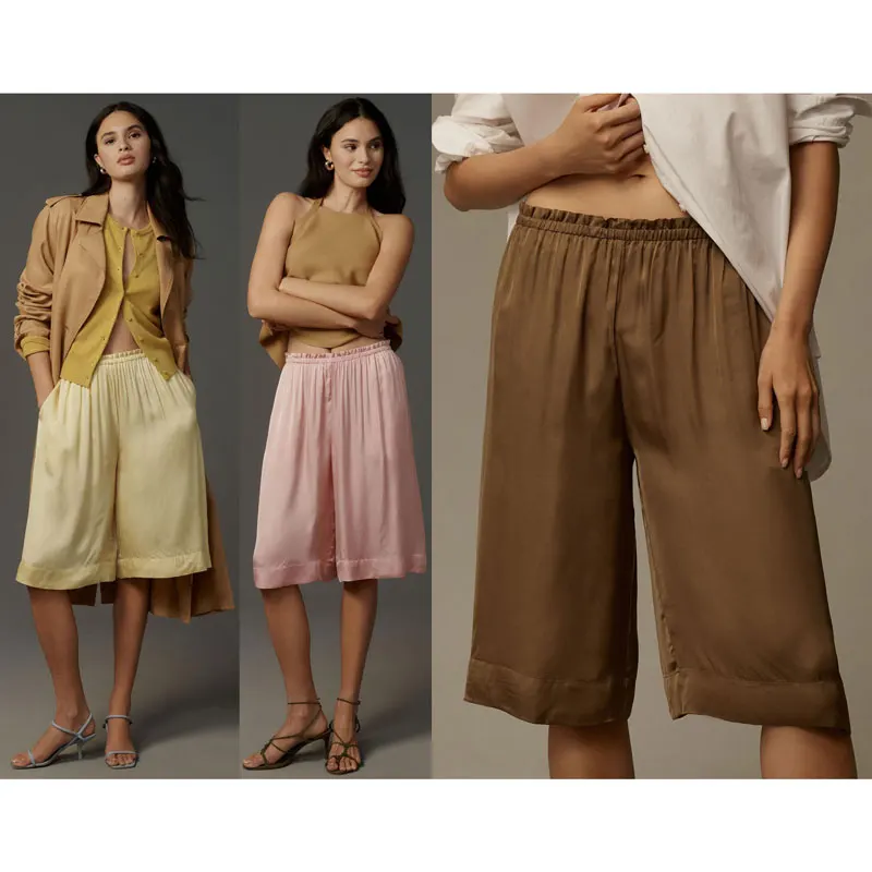 

Летние женские шелковистые домашние шорты, длинные шорты, однотонные шорты до колена с рюшами и эластичной резинкой на талии, с широкими штанинами и карманами