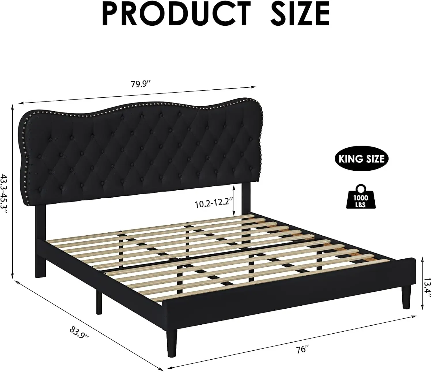 King Upholstered Wood Bed Frame, Black, 43.3-45.3 in