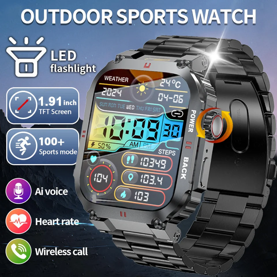 

Outdoor Military Smart Watch Men 1.91-inch Bluetooth Call Health For Android IOS IP68 Waterproof Ftiness Watches Man 2025 New