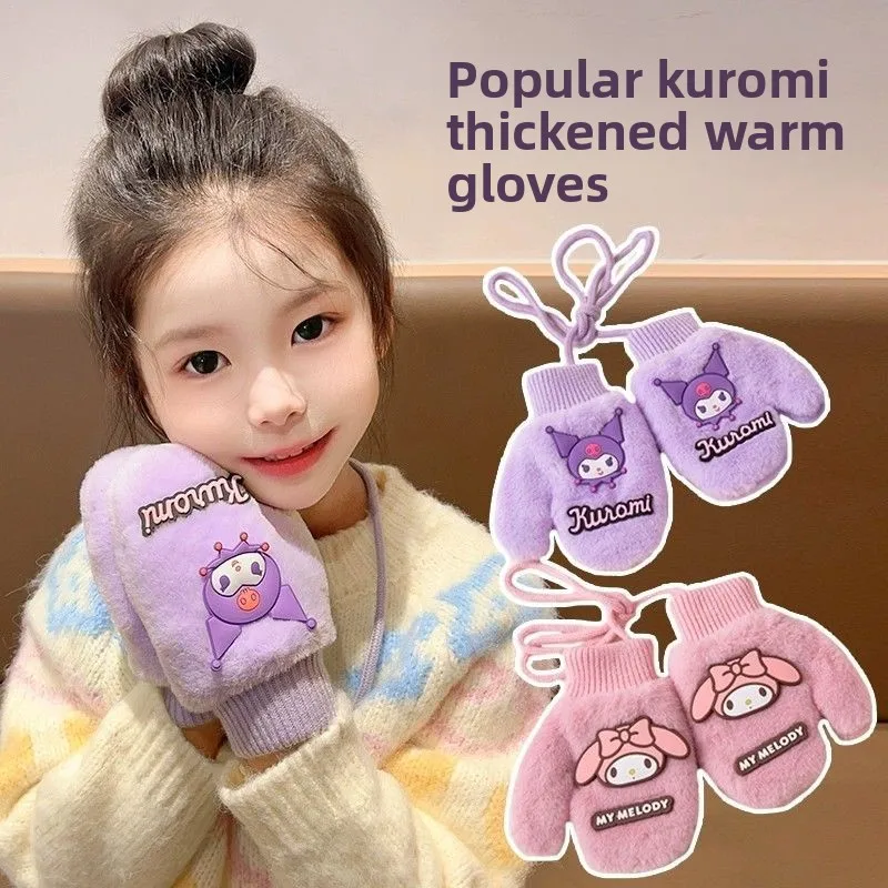 

Sanrio Baby Gloves Cute Warm Fleece Lined Thickened Gloves Windproof Cold Proof Neck Hanging Finger Sleeves Children Gift