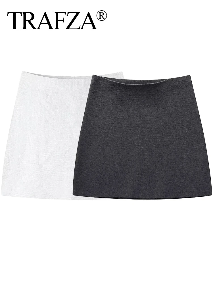 TRAFZA Women New Spring Fashion Short Skirts Grey White High Waist Elastic Waist Mini Skirts Elegant Female Casual Slim Skirts