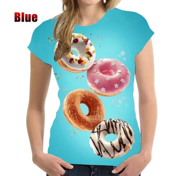 Fashion Women's Casual T-shirt 3D Chocolate Donut Print Food Bread Funny Short Sleeve Short Sleeve Tops