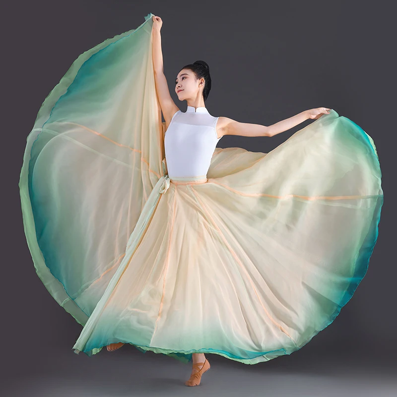 

Двухцветная классическая танцевальная юбка Синьцзяна, женская этническая тренировочная юбка для современных танцев, элегантная распашная юбка с градиентом, костюмы