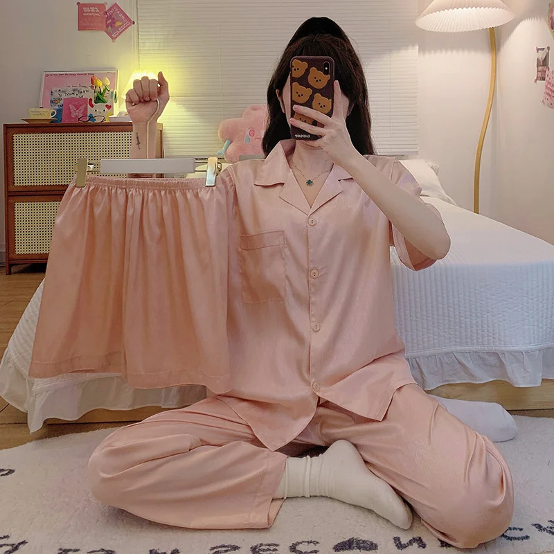 Korean Pajamas Set New Lapel Shirt Shorts Trousers Sets Spring Summer Silk Satin Sleepwear Women Three Pieces Home Wear Suit