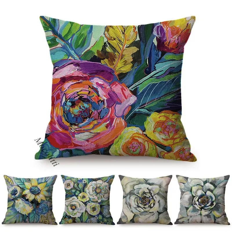 Flowers Famous Oil Painting Art Chic Home Decoration Throw Pillows Case Peony Rose Garden Sofa Chair Cushion Cover Perfect Gift