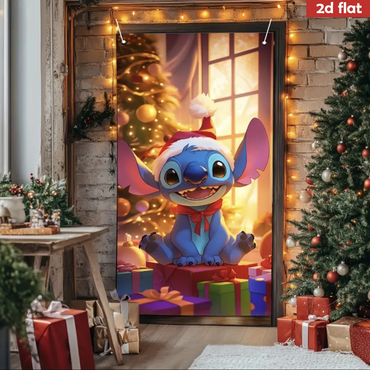 

Christmas Disney Stitch Door Cover Decor New Year Xmas Party Photography Backdrop Indoor Outdoor Porch Hanging Banner Supplies