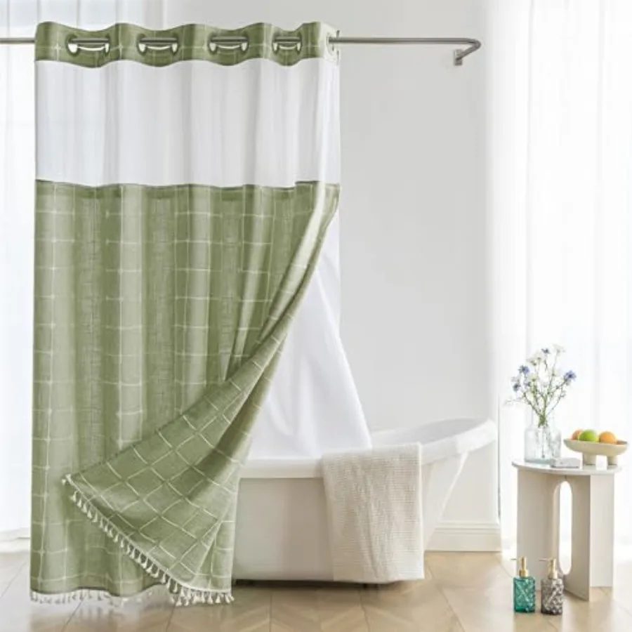 

Sage Green Farmhouse Shower Curtain with Snap-in Liner, No Hooks Needed, with Window, with Magnets, with Tassels, Water Repelle