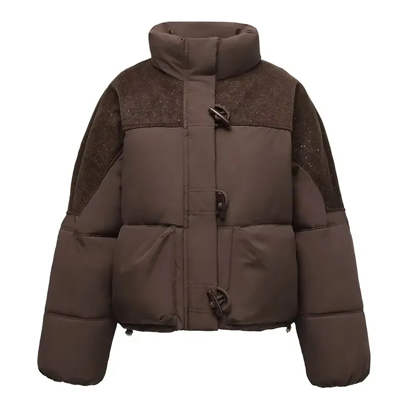 

Retro Horn Buckle Stitching Cotton-padded Jacket Women Winter Coat Korean Casual Fashion Cotton Clothes Parkas Female Outwear