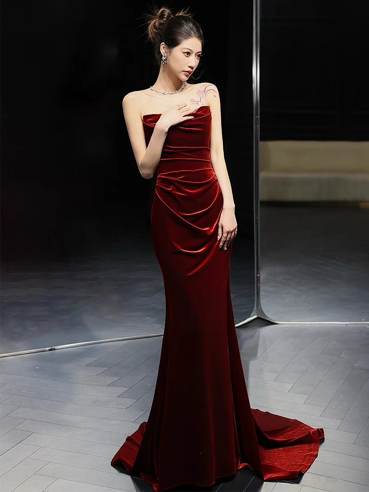Vestidos de Noche de color rojo vino de gama alta, sirena fruncida, terciopelo adelgazante, sin mangas, espalda abierta, ocasión Formal, vestido de fiesta de cóctel y graduación