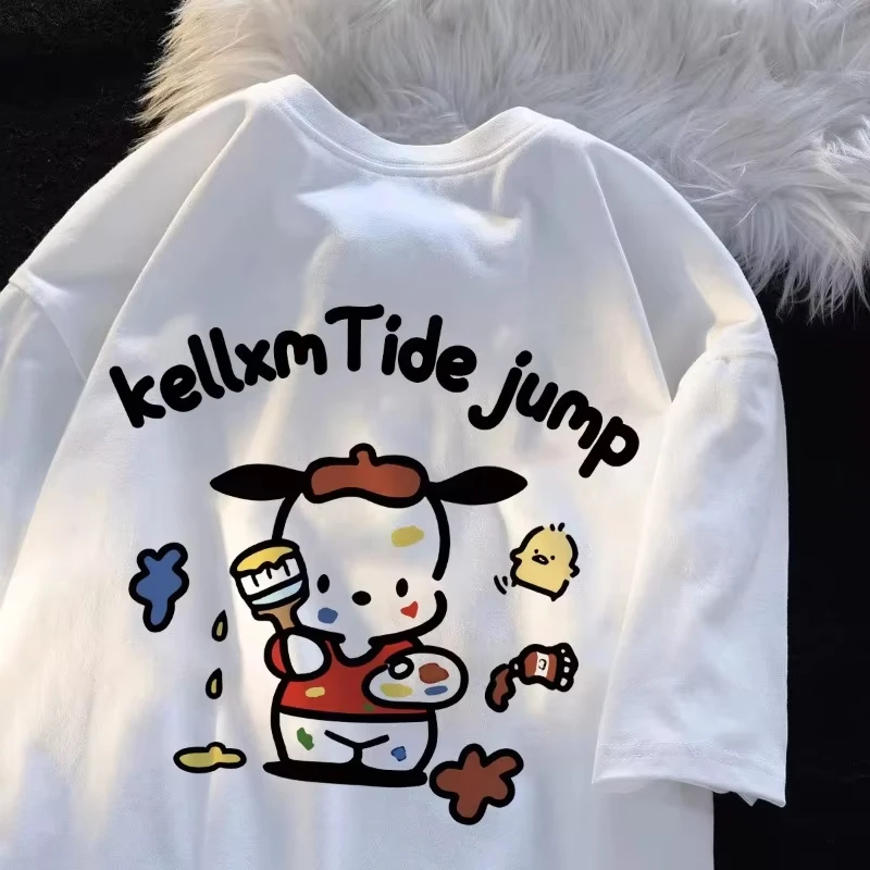 

Cute Pacha Dog Pattern Printed Short-sleeved Cotton High-quality Breathable And Loose Casual Couple Round-neck T-shirt Top