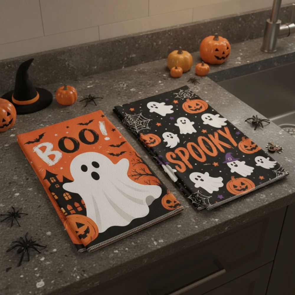 2PCS Ultra-Fine Fiber Halloween Kitchen Towel Ghost Pumpkin Pattern Quick Drying Hand Towel Rectangle Colorful Printed