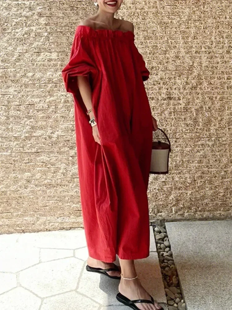 

Onecozyday Solid Red Women's Dress Off-the-shoulder Puff Sleeve Loose Dress Cotton H-line Maxi Dress Stylish Vacation Dresses