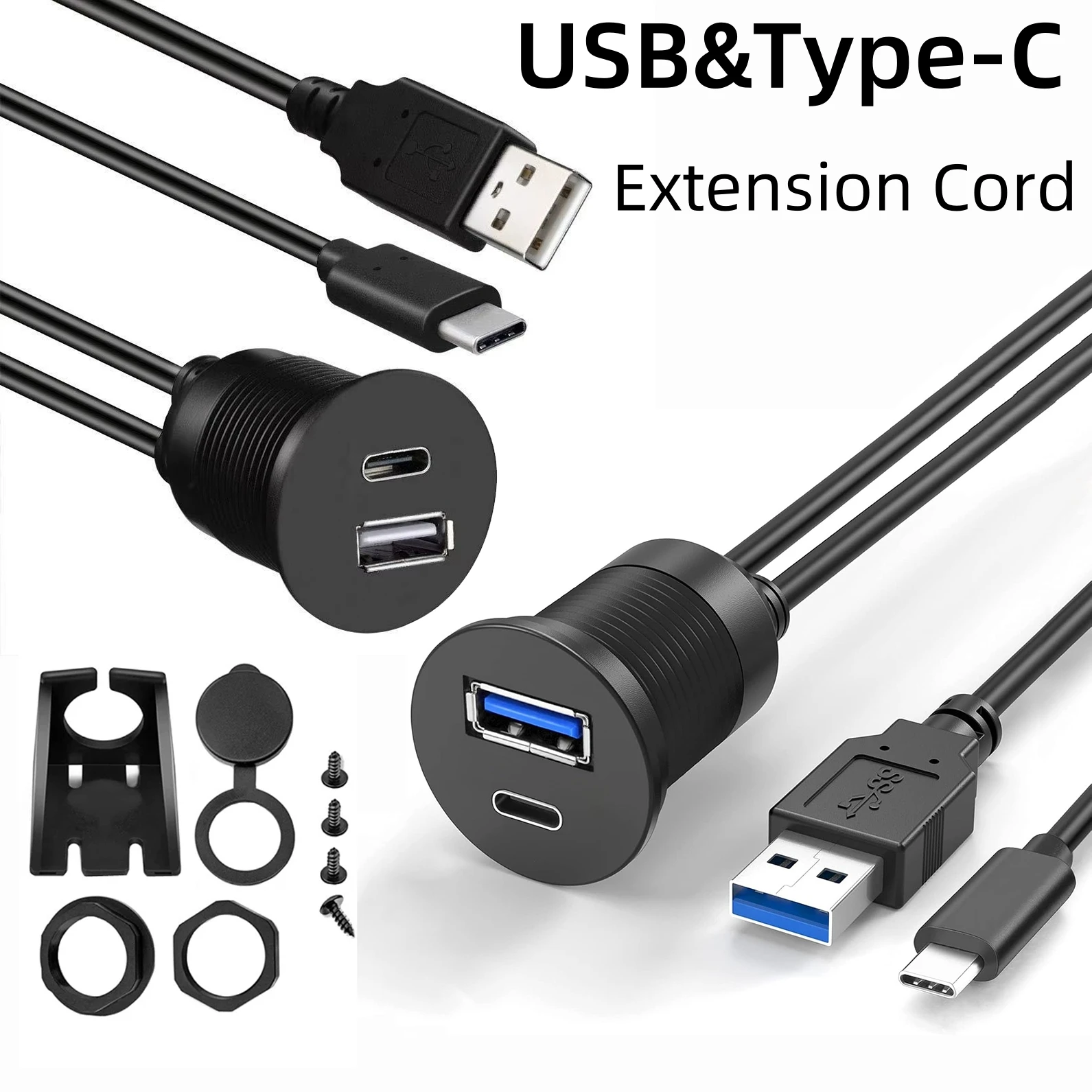 USB 2.0 A&Type-C USB 3.0 A&Type-C 2.0/3.0/3.1 Male to Female Extension Cord for Car Dashboard Panel Mount Flush Waterproof Cable