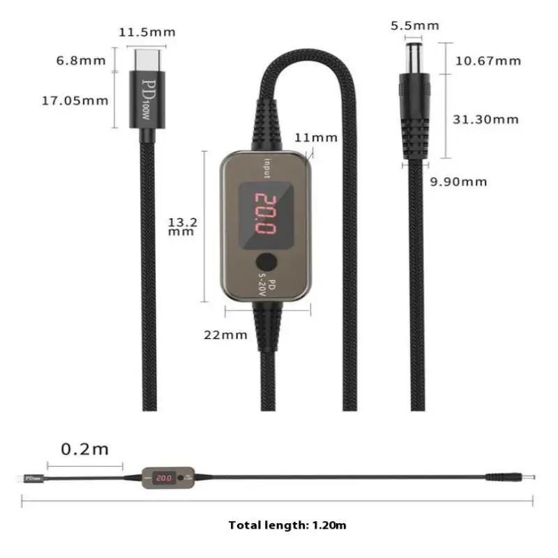 1개 100W USB C-DC 전원 부스트 케이블 C타입-DC 조절 가능 5V-20V 승압 모듈 고속 충전 케이블 컨버터 어댑터