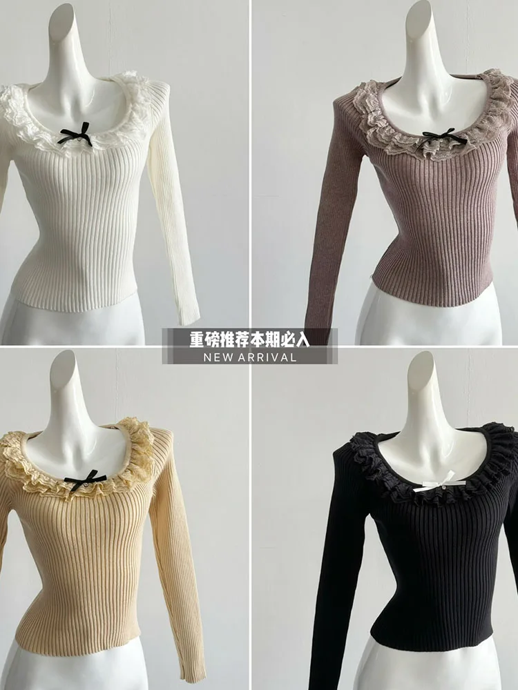 Sweet Sweater Women O-Neck Lace Bow Knitted Pullover Loose Korean Fashion Casual High Street Jumper Autumn Winter Preppy Style