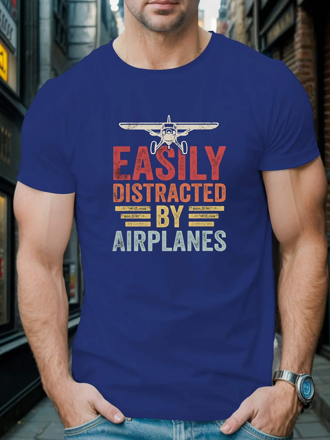 EASILY DISTRACTED BY AIRPLANES T-Shirt 100% Cotton O-Neck Short Sleeve Summer Casual Mens T-shirt Streetwear