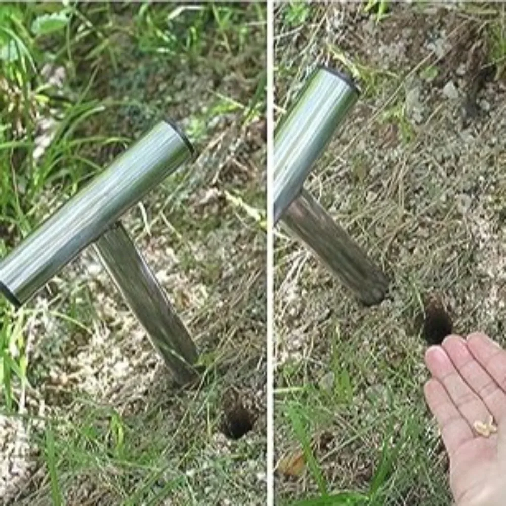 

Stainless Steel Soil Puncher Comfortable Handle Easily Cleaning Plant Hole Digger T-shaped Hand Dibble Garden Use