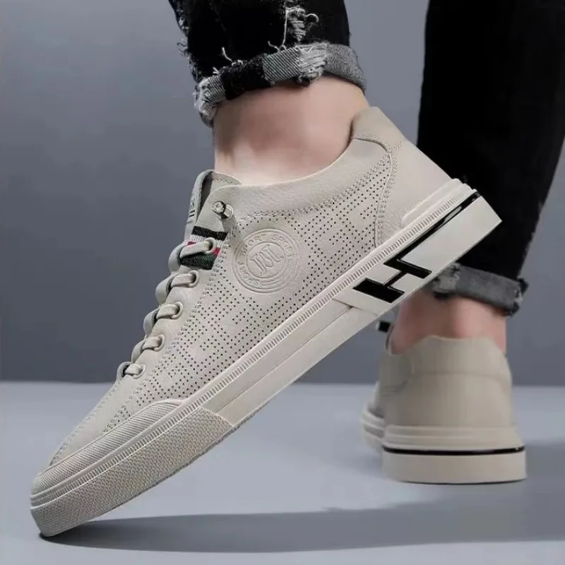 Tênis casual de marca masculina, couro respirável, sapato vulcanizado, branco, sapatos baixos confortáveis, designer