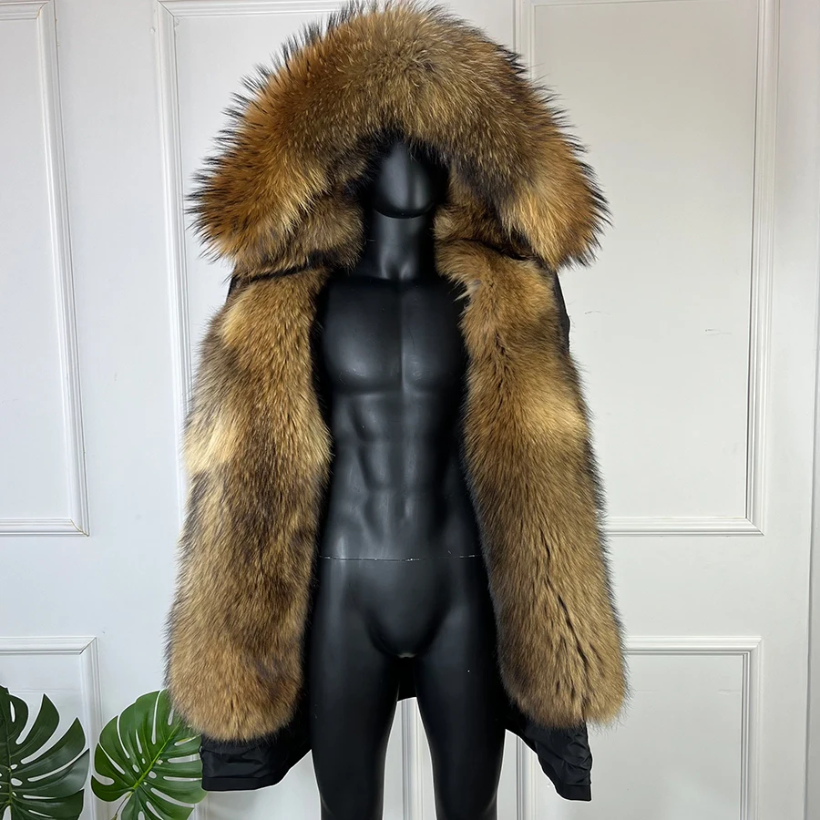 

Длинная шуба из натурального меха енота с капюшоном, куртка из цельных шкурок натурального меха куноса, высококачественная роскошная мужская зимняя куртка