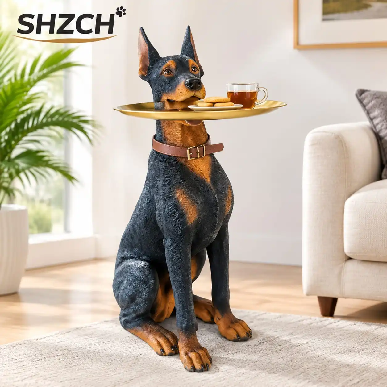 Simulation Doberman Dog Tray Statue Ornament Living Room Coffee Table Creative Resin Crafts TV Cabinet Home Decoration Gifts