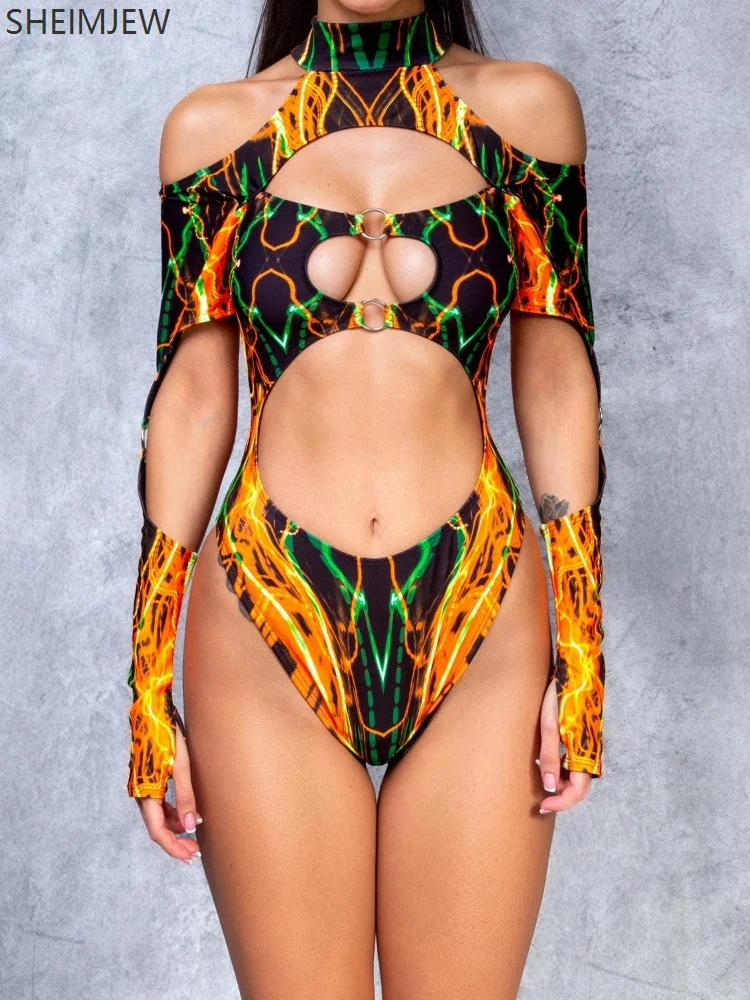 Nuevo Halter cuello colorido infierno Magma multicolor Cosplay mono mujer Sexy arte hueco medias llama traje de baño horquilla alta ropa de playa