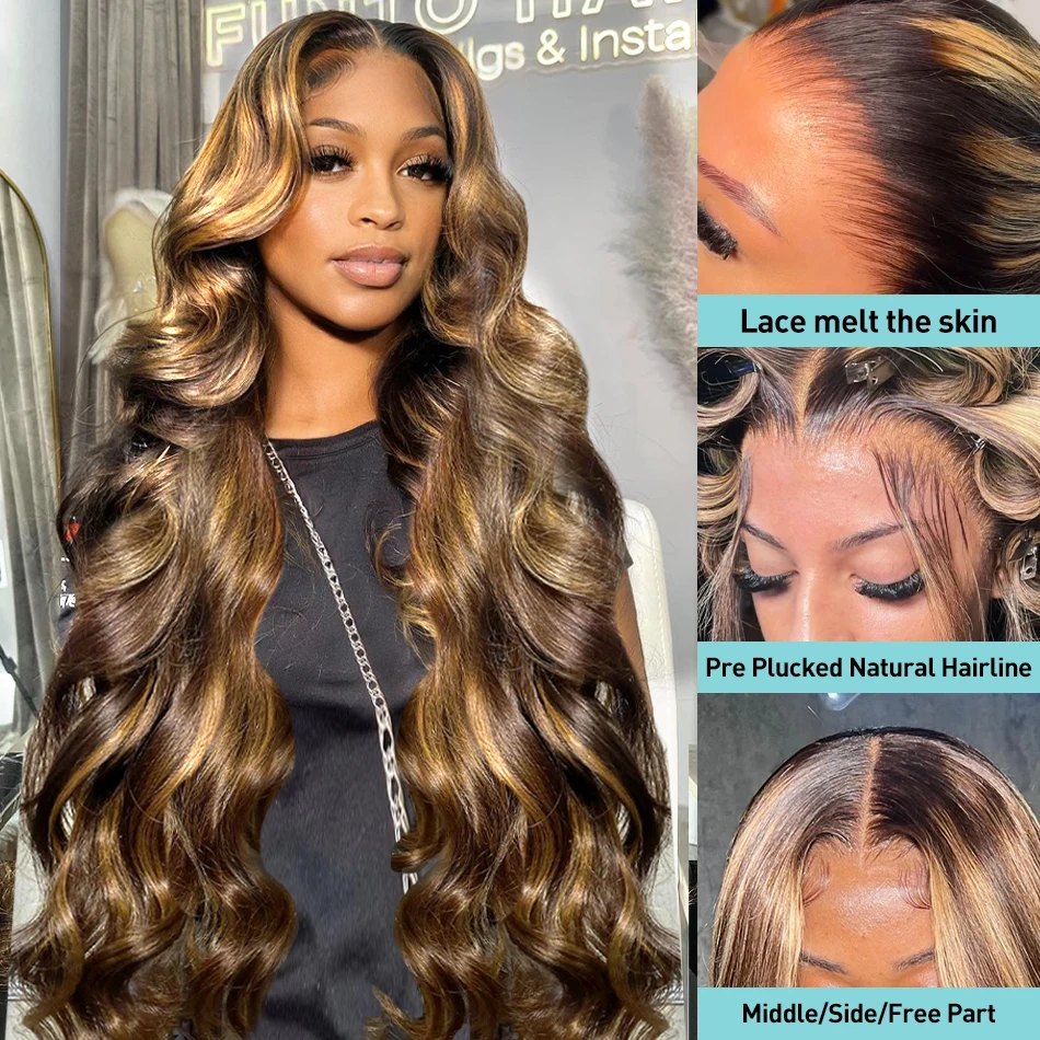 5x5 Highlight Body Wave 200 Density Frontal Wigs Brazilian Remy Hair HD Transparent Lace 100% Human Hair For Women Closure Wigs