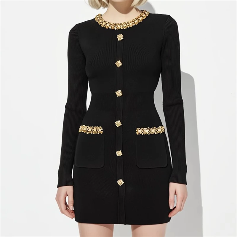

Spring New Arrival Women's round Neck Embellished Long Sleeve Dress High-Quality Fashion Commute A-Line Knitted Skirt