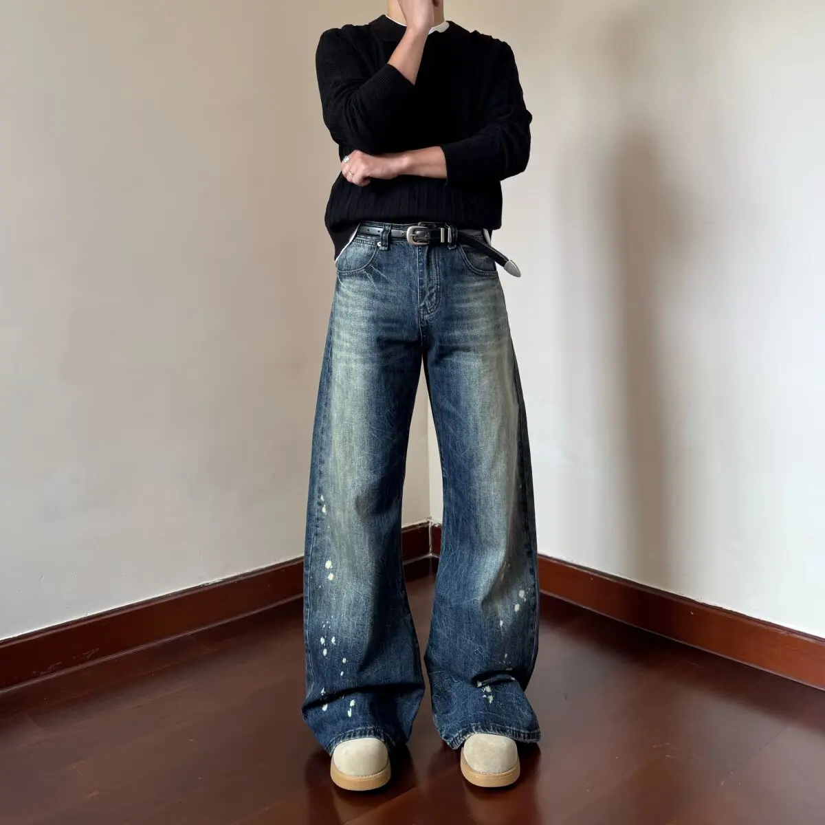 

Blue Splaed Ink Wide Leg Men's Jeans Casual Loose High Street Sle Autumn Winter New American Sle Knife Bootcut Pants