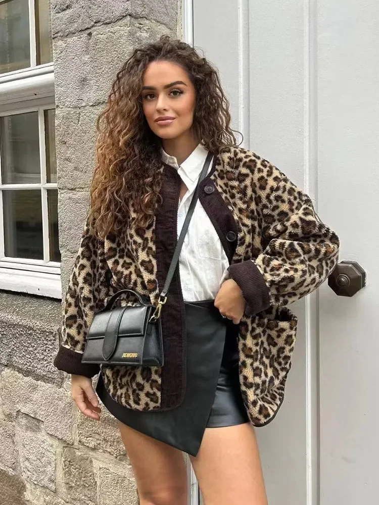 2024 New Autumn Leopard Print Jacket Women's V-neck Warm Parkas Outwear  Winter Korean Female Loose Faux Fur Coats