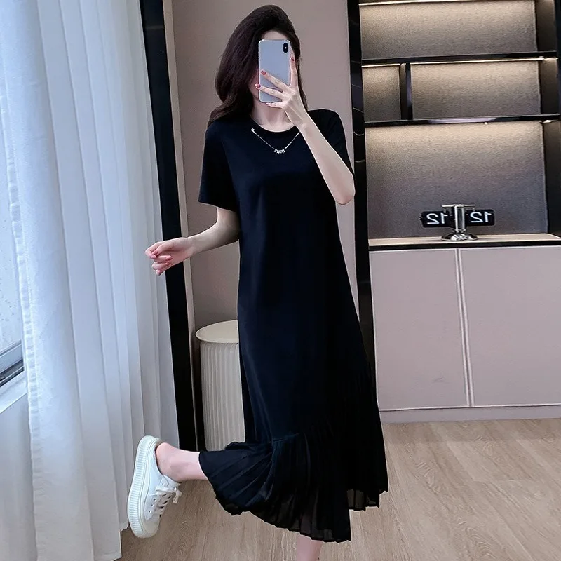 Plisowana Sukienka z Siateczkowymi Wstawkami, Długa, Luźna, Naszyjnik, Odpinana, Letnia Sukienka w Koreańskim Stylu na Lato 2025, Wyszczuplająca, z Okrągłym Dekoltem, Koszulowa Sukienka z Falbankami