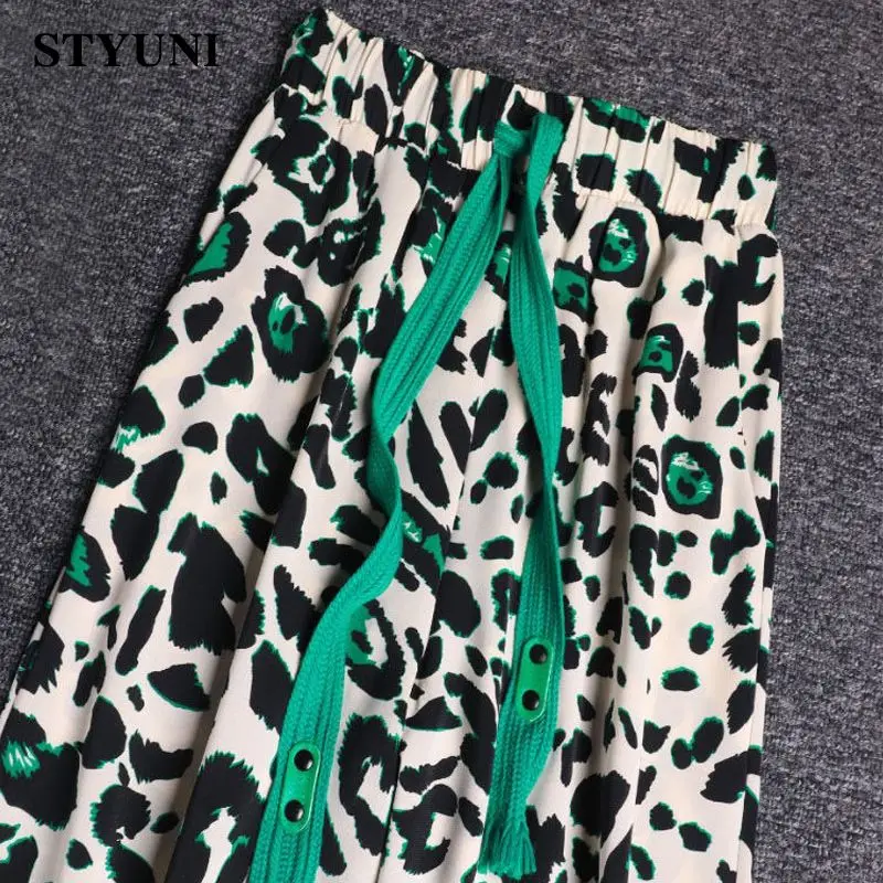 Leopard Printing Green Lace-up Straight Wide Leg Women's Pants 2022 Korean Fashion Vintage Elastic High Waist Pants for Women