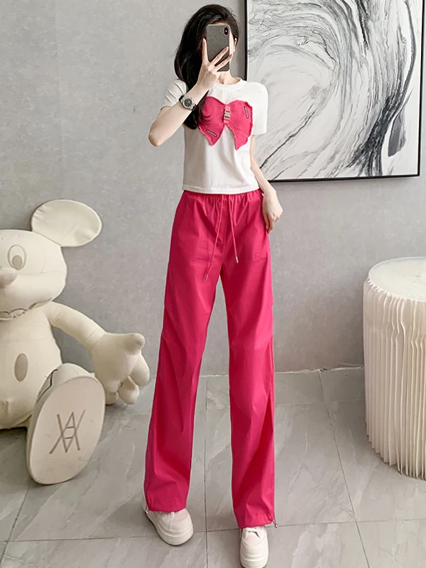 

Fashionable Anti-Aging Casual Sports Set Women Summer White Short Sleeve T-Shirt Pink Wide Leg Pants Two Piece Set Cotton Blend