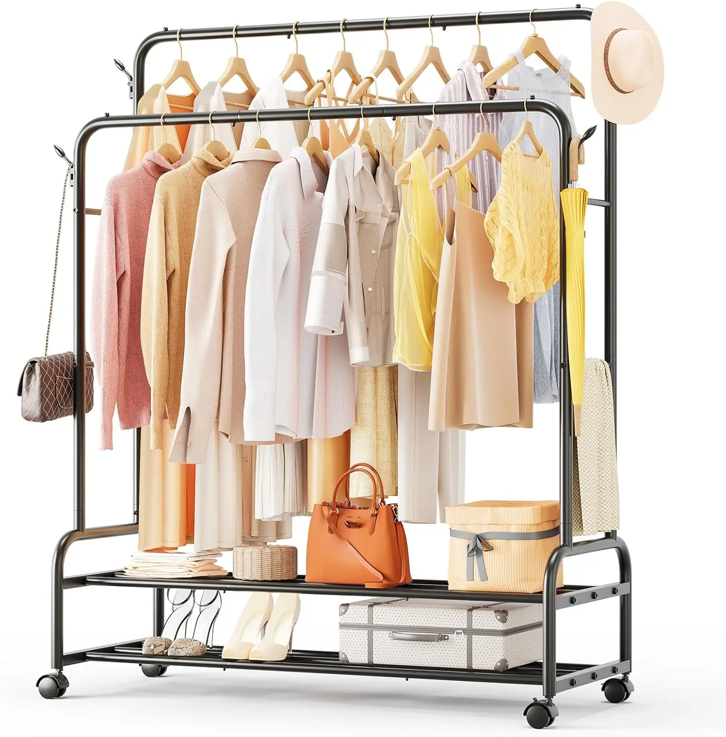 

Double Rods Clothes Rack for Hanging Clothes, Rolling Clothing Rack with Wheels, Freestanding Garment Racks with 2 Shelv