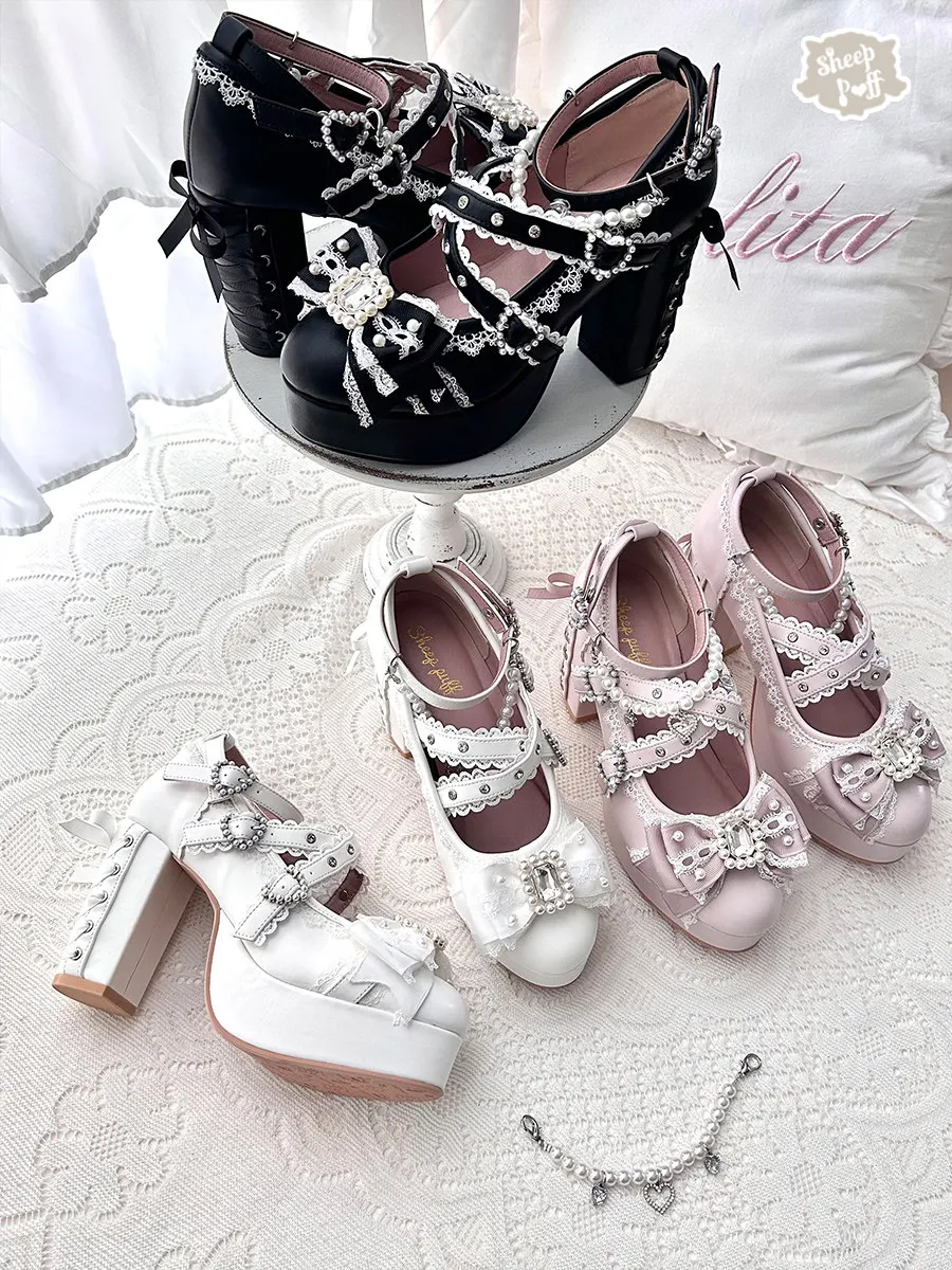 Japanese Sweet Cute Original Lolita Bow Rhinestone Pearl Single Shoes Women's Retro Gorgeous Mass Production Bud High Heels Girl